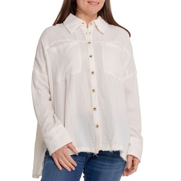free people SML Cardiff Drop Sleeve Button Front Oversized High Low Shirt - Picture 1 of 11
